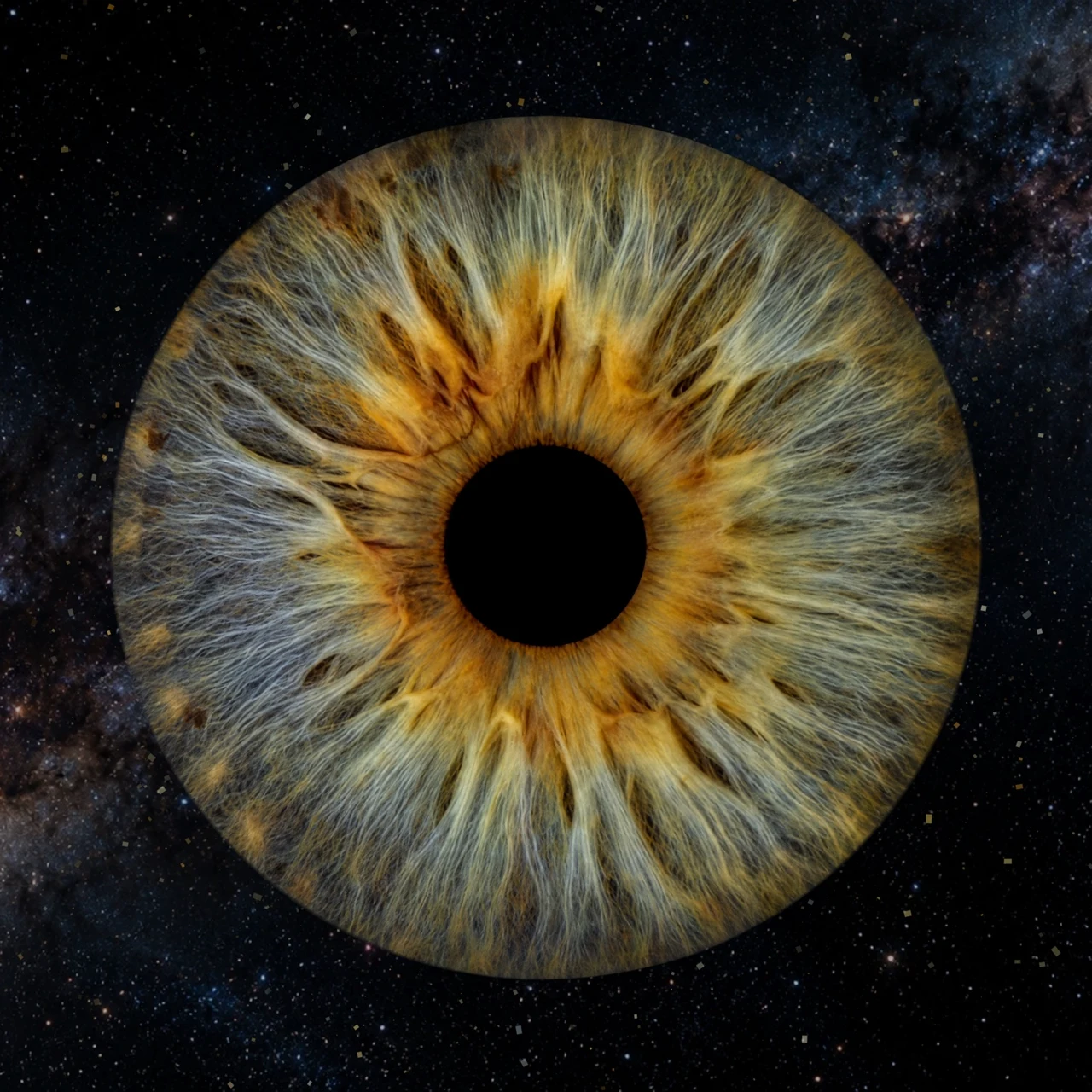 Iris dorado y azul con polvo sobre un fondo de estrellas
