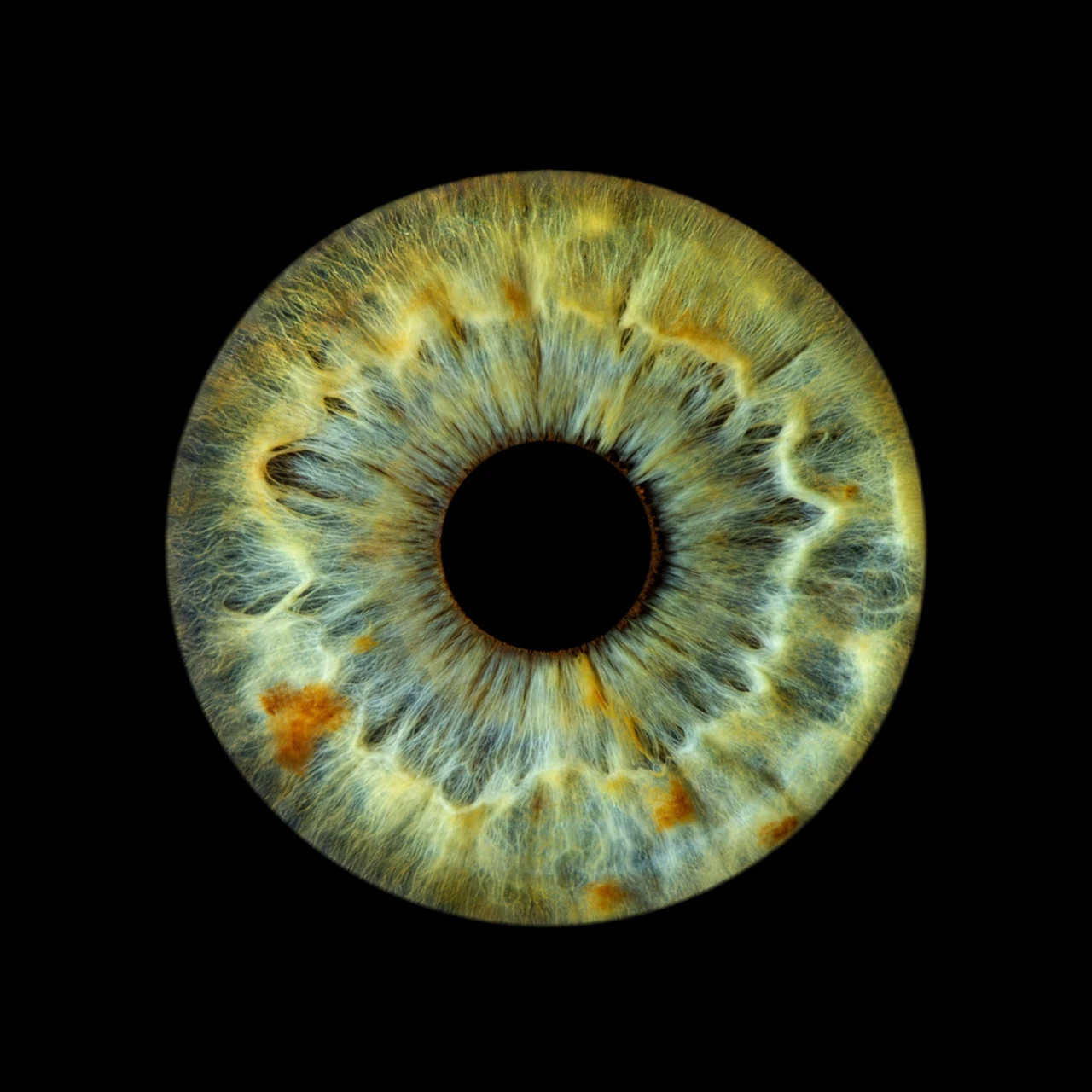 Composición de un iris verde y dorado sobre negro