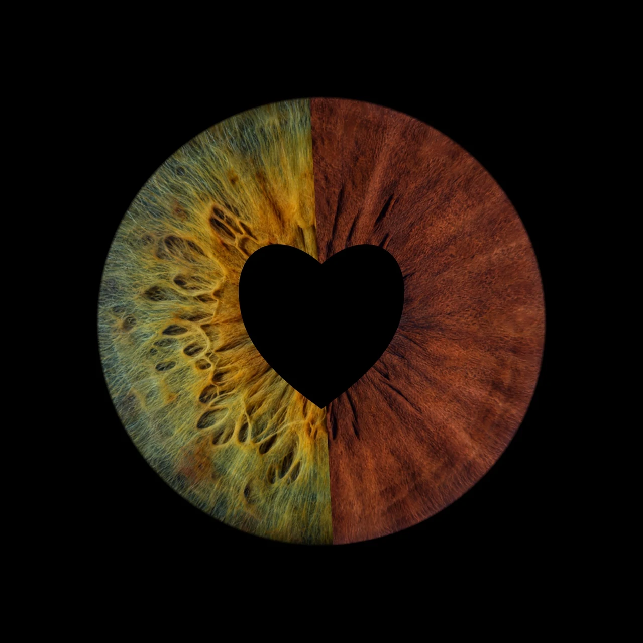 Iris con una mitad dorada y otra cobriza, con centro de corazón